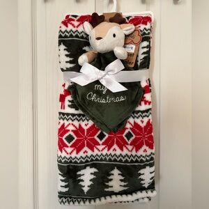 Baby Essentials Red and White Blanket with Reindeer Plush
